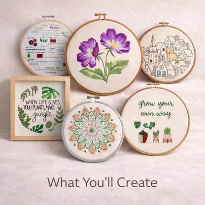 BUZZCRAFT Embroidery Starter Kit for Beginners & Adults, Learn 30+ Stitches, 10 Pre-Printed Practice Patterns, Hand Embroidery Kit with Hoop, Needles, Floss & Instruction Book, DIY Sewing Craft Kit