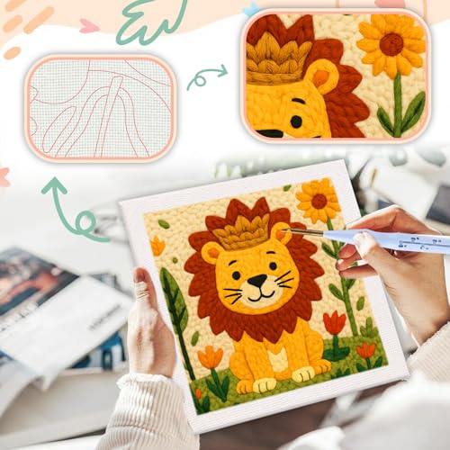 SDOYUNO Punch Needle Kit with Frame for Adults Beginners Kits 9.84 x 9.84 Inch Embroidery Starter Kits Punch Needle Kit with Lion Pattern, Threader, Yarns, Rug Punch, DIY Craft Kits (Yellow) - color: yellow