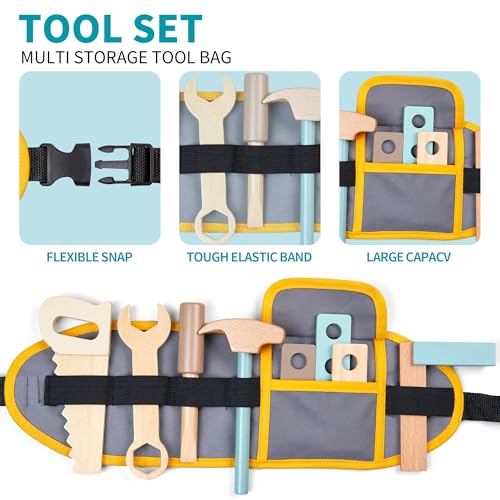 medoga Kids Tool Bench,Wooden Play Tools Set with Kids Tool Belt Workbench Pretend Construction Tools Set Wooden Toy Drill Gift for Boys & Girls Age 3-12 - color: Green