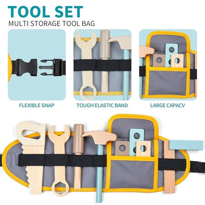 medoga Kids Tool Bench,Wooden Play Tools Set with Kids Tool Belt Workbench Pretend Construction Tools Set Wooden Toy Drill Gift for Boys & Girls Age 3-12 - color: Green