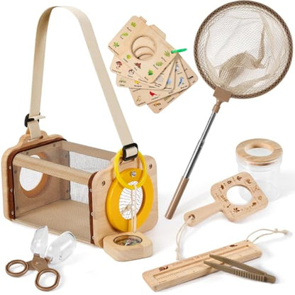 Wooden Bug Catcher Kit for Kids,10PCS Kids Bug Catching Kit with Bug Collector,Butterfly Net,Magnifying Glass,Toddler Bug Habitat Outdoor Explorer Kit Bug Collection,Nature Gift for Boys&Girls