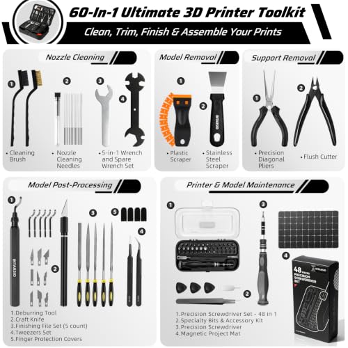 60pcs 3D Printer Tools Kit for Precision Printer Care, Model Post-Processing & Finishing incl. Premium Screwdriver Set, 3D Printer Accessories, Compatible with Bambu Lab, Ender 3, All FDM/SLA Printers - style: Daily Project Kit
