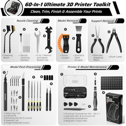 60pcs 3D Printer Tools Kit for Precision Printer Care, Model Post-Processing & Finishing incl. Premium Screwdriver Set, 3D Printer Accessories, Compatible with Bambu Lab, Ender 3, All FDM/SLA Printers - style: Daily Project Kit