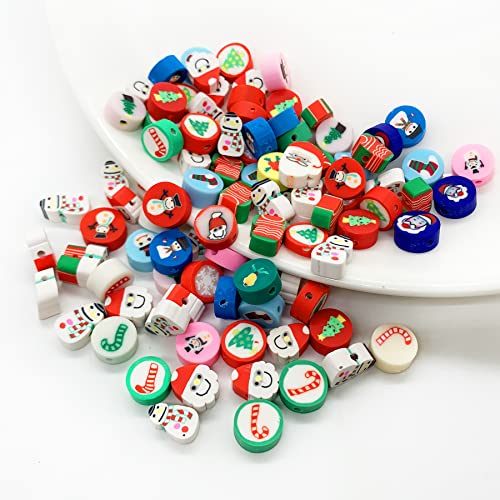 100 Pcs Christmas Polymer Clay Beads Cartoon Heishi Spacer Beads Supplies for DIY Bracelet Earring Necklace Jewelry Making - color: Christmas