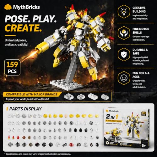 STEM Mini Robot Berserker Building Blocks Building Toy Kit, 185PCS Mech Model, Mech Robot & Turret Model with Transforming Features, Robots Toy Building Kit for Ages 6+ Yellow - color: Yellow