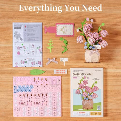 rowood 3D Puzzle Wooden Flower Craft Kit for Adults-Pink Lily of the Valley - style: Pink Lily of the Valley