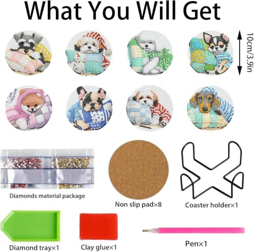 8 PCS Diamond Art Coasters Kit for Adult,Cute Dog Diamond Painting Coaster - color: Dog