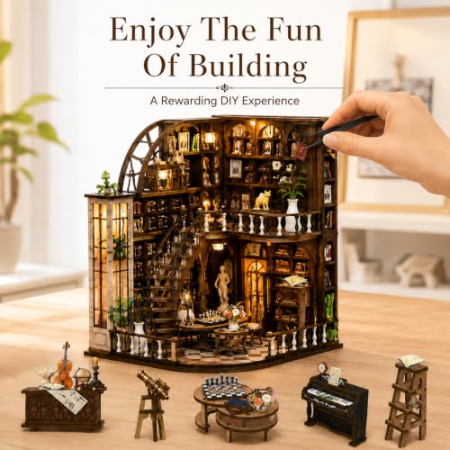 Book Nook Kit-DIY Miniature House for Adult and Teen Beginners, 3D Wooden Library Dollhouse with LED Light, Bookshelf Decor (Basque Study)