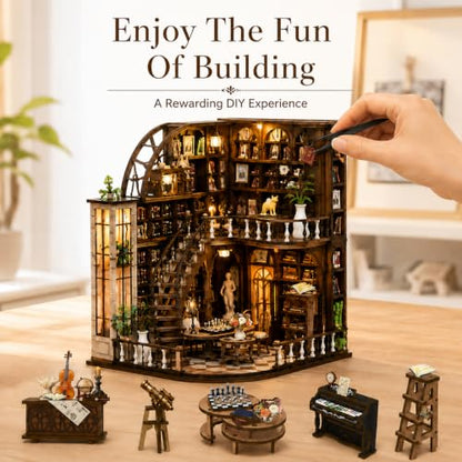 Book Nook Kit-DIY Miniature House for Adult and Teen Beginners, 3D Wooden Library Dollhouse with LED Light, Bookshelf Decor (Basque Study)