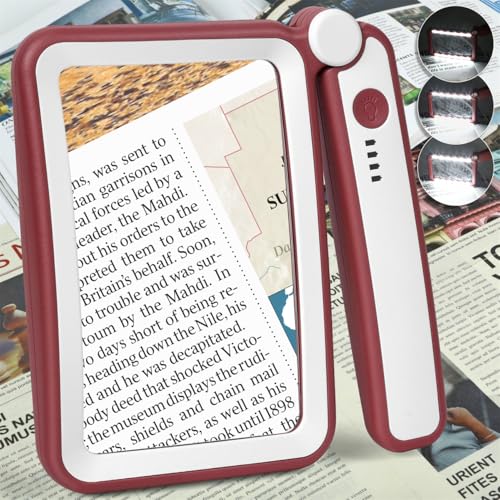 Magnifying Glass for Reading, Rechargeable 5X Large Page Magnifier with Light, Folding Handheld Dimmable Rectangle Lighted Magnifier for Reading Book Small Print for Seniors Low Vision, Red White - color: Red White