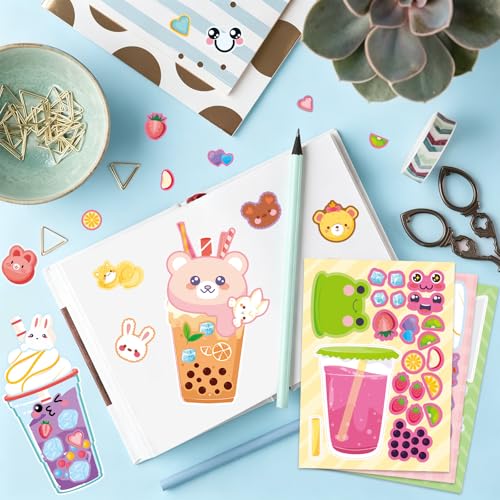 24 Sheets Bubble Tea Make a Face Sticker, Make Your Own Milk Tea Stickers Drink Mix and Match Sticker for Home School Classroom Crafts Activities Reward Birthday Party Favors - style: Bubble Tea