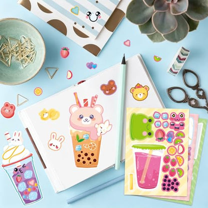 24 Sheets Bubble Tea Make a Face Sticker, Make Your Own Milk Tea Stickers Drink Mix and Match Sticker for Home School Classroom Crafts Activities Reward Birthday Party Favors - style: Bubble Tea