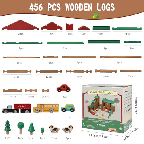 Wondertoys 456Pcs Big Villa Wooden Log Set Real Wood Logs Classic Building Log Ages 3+ Best Retro Building Gift Set Creative Construction Engineering Educational Gifts - style: 456PCS Luxury Villas