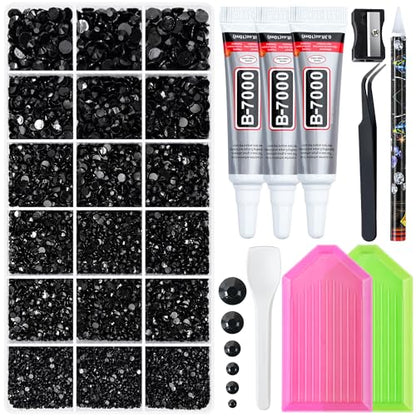 32000 Pcs Resin Jelly Rhinestones Kit, Black 2/3/4/5/6mm Flatback Rhinestones with 3 Pcs B7000 Jewelry Glue & Tools, All-in-One Bedazzling Kit for DIY Arts & Crafts Gifts - color: Black