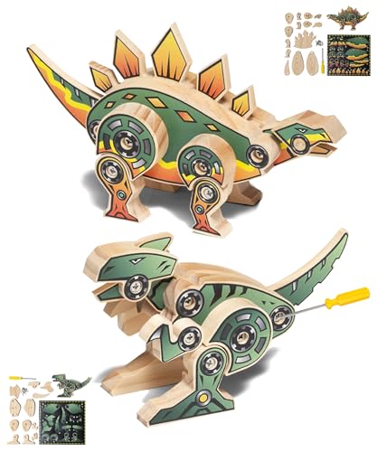 Little Jupiter DIY Wooden Kit with Stickers - Dinosaur Toys for Kids for 7-12 Yrs - Dinosaur Toy Woodworking Kits - Wood Crafts - Building Kit - Wooden Crafts (Stegosaurus & TRex) - size: T-Rex & Stegosaurus
