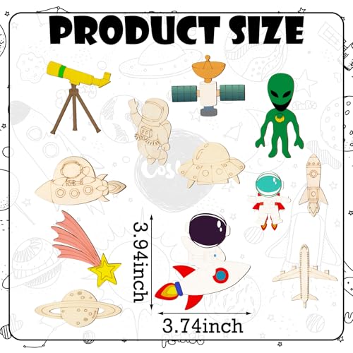 JellyArch 24 Pcs Unfinished Wood Cutouts Space Paint Kit Set and DIY Crafts for Classroom School Birthday Gifts Paint Your Own Painting Bulk Kits and Crafts - style: Space