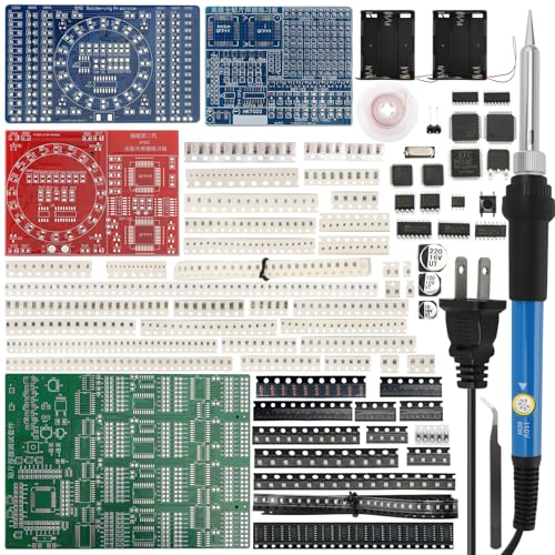 SMD/SMT Soldering Practice Kit for Beginners, 4 PCB Training Boards (Blue/Red/Green + Small Blue), Covers 1206/0805/0603/0402, 60W Soldering Iron, 2 Battery Boxes, Instructions, Complete Components - color: 60w Iron Kit With 4 Boards