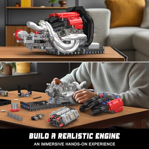 Mould King Racing Car Engine Model Kit, 980+Pcs Motorized Mini Engine Kits That Runs, Build Your Own Model Engine with Gearshift & Battery, Building Blocks for Adults, DIY Construction Engineering Toy - style: 10188 Racing Engine