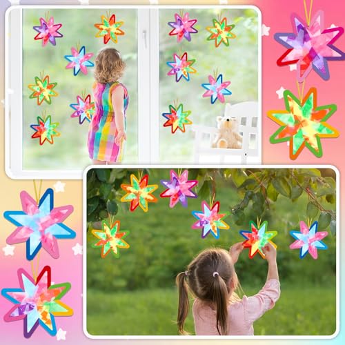Qyeahkj 36 Set Summer Star Suncatchers Crafts for DIY Star Window Tissue Paper Craft Kit Art Ornament Hanging Decor for Home Activity Art Project Birthday Party Favors Gifts - style: Star