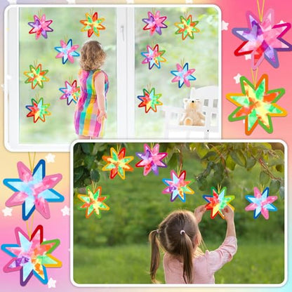 Qyeahkj 36 Set Summer Star Suncatchers Crafts for DIY Star Window Tissue Paper Craft Kit Art Ornament Hanging Decor for Home Activity Art Project Birthday Party Favors Gifts - style: Star