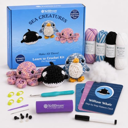 KelliDream Magic Circle Tool Inclusive Learn to Crochet Kit for Beginners; Step-by-Step Video Tutorials in English; All Supplies to Make Cute Amigurumi (Sea Creatures) - color: Sea Creatures