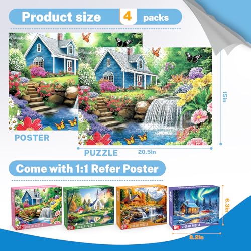 4 Packs 500 Piece Puzzles for Adults – 4 Seasonal Landscape Puzzle Set Scenic House & Nature Jigsaw Puzzle, Colorful Adult Jigsaw Puzzles for Stress Relief, Family Fun, Mindfulness & Gifts - color: Seasonal Landscapes
