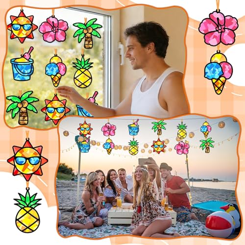 Qyeahkj 36 Sets Summer Suncatchers Crafts for DIY Summer Beach Fruit Tissue Paper Craft Kit Hawaiian Tropical Stained Glass Effect Window Ornaments Decoration for Home Art Project Party Favor Gift - style: Summer Beach Fruit