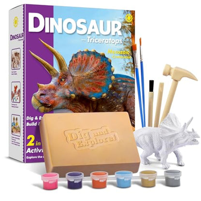 Dinosaur Triceratops Fossil Digging Kit for Kids 6+, 2-in-1 Dig & Build Educational Toy, Excavation Adventure with Paintable Model, Complete Paleontology Gift Set