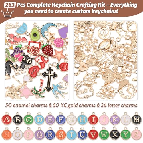 selizo 263Pcs Charms Lip Gloss Keychain Making Kit, DIY Craft Supplies with Charms, Key Chain Hooks, Jump Rings, Lobster Clasps, Chains & Tools, Jewelry Making Kit for Custom Keychains, Bags, Gifts - color: Gold-263Pcs Kit