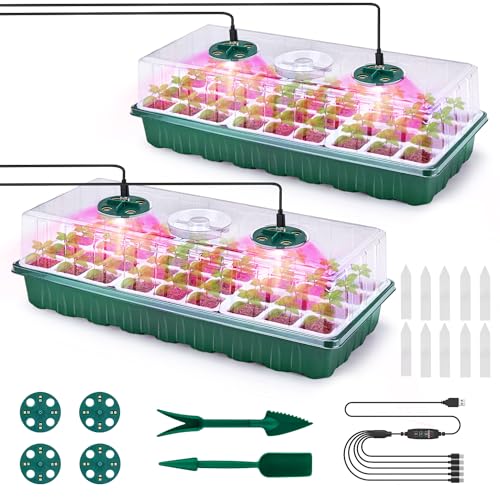 Pattiumo 2 Packs Seed Starter Tray with Grow Lights, 72 Cells Silicone Seed Starter Kits with Humidity Dome, 3 Lights for Seed Starting, 4 Timing Set, 8 Full Spectrum Germination Kit for Plant Seeds