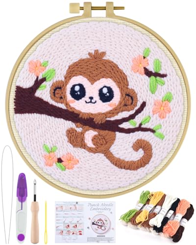 ERKOON Punch Needle Kit for Beginners Adults, DIY Easy Animals Embroidery Set for Starter Art Craft, Needling Punch Project with Patterns, Tools, Yarns, Hoop, Instruction (Monkey) - color: Monkey