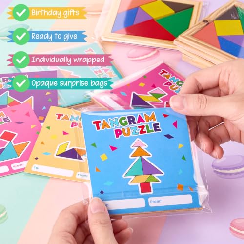 Dunzoom 50 Pack Wooden Tangram Puzzle Bulk Kid Party Favor Educational Toy