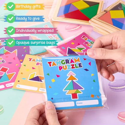 Dunzoom 50 Pack Wooden Tangram Puzzle Bulk Kid Party Favor Educational Toy