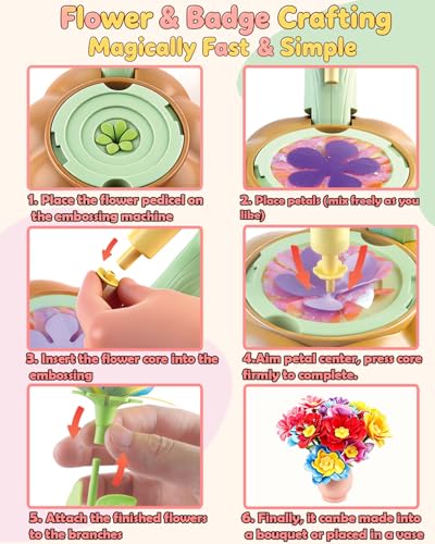 Rainbow World 2 in 1 Fabric Flower Press for Kids, DIY Flower Bouquet Kit with Button Maker, Embossing Tool STEM Toy, Screen-Free Activity for 4-8 Girls Boys - color: Dark brown