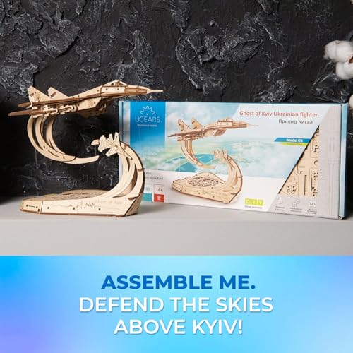 UGEARS The Ghost of Kyiv Ukrainian Fighter 3D Puzzle, Jet Model Kit with Movable Ailerons, Wing Flaps & Tail Rudders - MiG-29 Military Aircraft