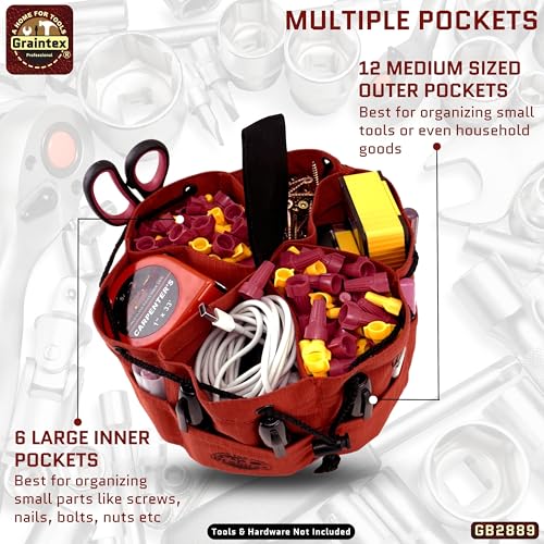 Graintex 18 Pockets Grab Bag Rip-stop Canvas Drawstring Closure, Small Part Organizer Pouch, Small Tools, Screws, Parts, Parachute Tool Bag for Efficient Storage - Rust - color: Rust