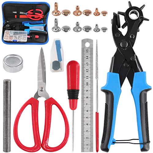Glarks Adjustable Leather Hole Punch Pliers with Single Cap Leather Rivets Set Free Scissor & Ruler & Awl Tool for Belt, Watch Bands, Saddle, Shoes - style: Hole Punch Plier with Leather Rivets