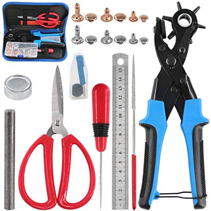 Glarks Adjustable Leather Hole Punch Pliers with Single Cap Leather Rivets Set Free Scissor & Ruler & Awl Tool for Belt, Watch Bands, Saddle, Shoes - style: Hole Punch Plier with Leather Rivets