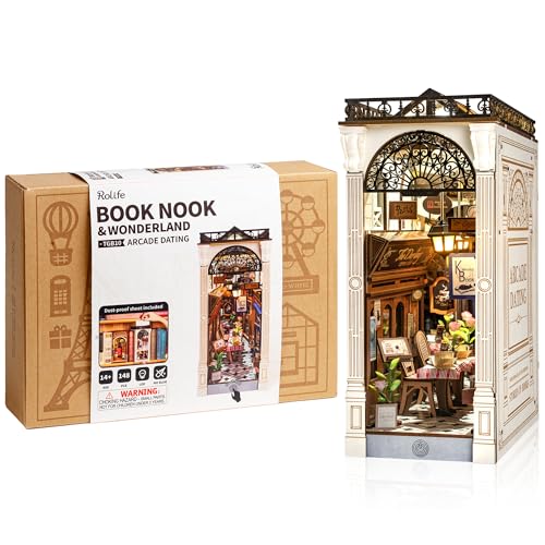 Rolife 3.5 hrs Beginner Friendly Book Nook - 3D Wooden Puzzle with LED Lights and Dust Cover - DIY Miniature House Kit Bookshelf Insert Decor - Arcade Dating (TGB10)