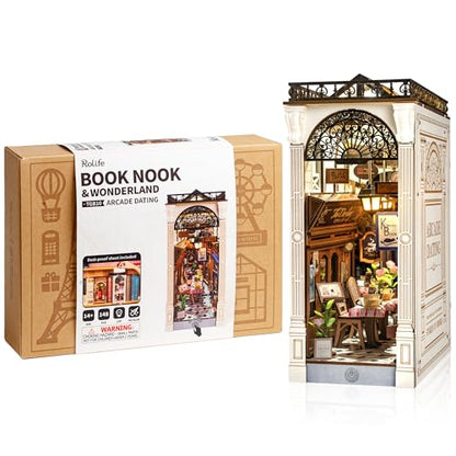 Rolife 3.5 hrs Beginner Friendly Book Nook - 3D Wooden Puzzle with LED Lights and Dust Cover - DIY Miniature House Kit Bookshelf Insert Decor - Arcade Dating (TGB10)