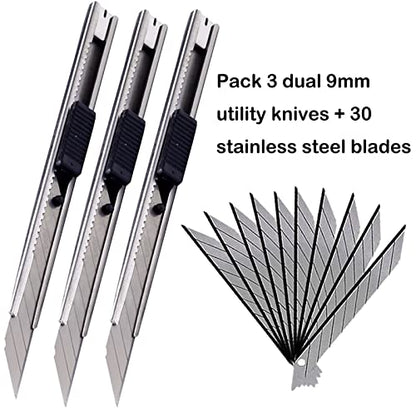 9mm Snap Off Utility Knife 3 Pack High Hardness Retractable Box Cutters with 30 Pcs Snap Off Blades,Art Craft Hobby Cutter 9mm Knife for Home Office Workstation - style: 30 Angle