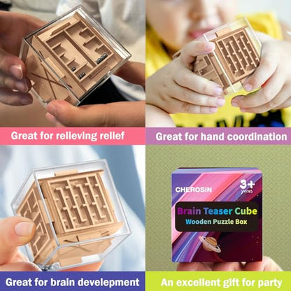 Handheld Fidget Game for Kids and Adults - 6-Sided Wooden Puzzle Cube Fidget Toy for Anxiety Relief - Fun Maze Toys for Travel - 3D Brain Teaser Cube for Christmas Stocking Stuffers