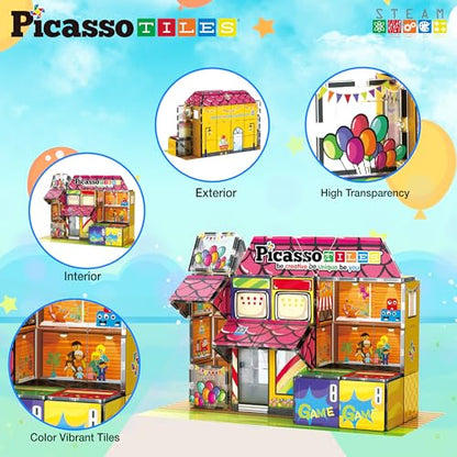 PicassoTiles 60pc Magnetic Building Block Magnet Tile Toy Shop Theme Pretend Play Construction Kit Reconfigurable Printed Structure Double-Sided Printing Education STEM Learning Playset Ages 3+ PTQ50 - color: Toy Shop