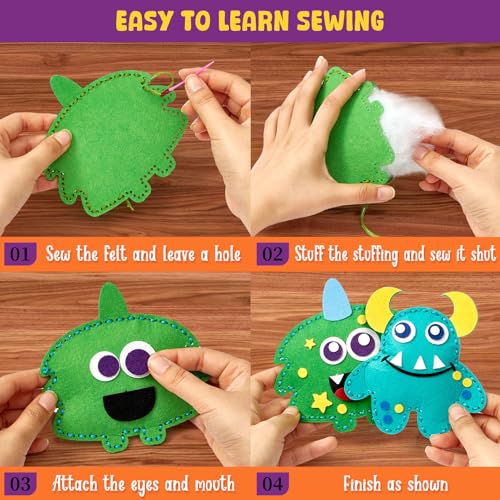 TUZT My First Sewing Kit for Kids - Monster Sewing Craft Kit for Beginners with 12 Pre-Cut Monster Plush Toys, Scissor, Plastic Needles & Thread, DIY Felt Crafts Project for Girls & Boys Ages 6-12