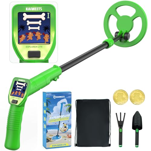 KAIWEETS Kids Metal Detector, 2026 New Animated Color Screen, Adjustable Stem, Lightweight, Treasure Hunt Gift, Complete Starter Kit with Backpack, Bonus Coins, Shovel, Rake (Explorer LITE)