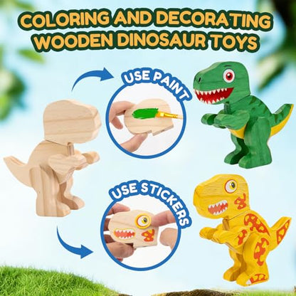 Coloring Wooden Dinosaur, DIY Building Toy with Paint and Stickers