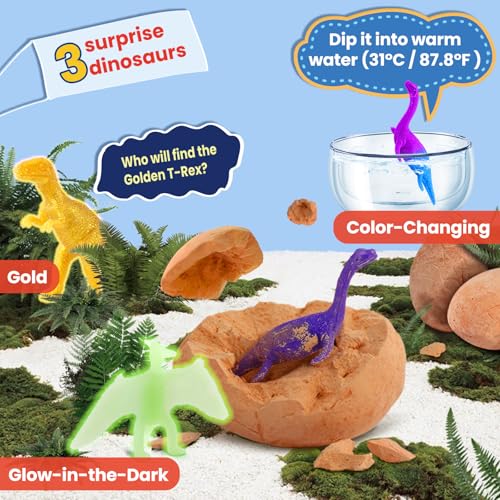 Zippytots Dinosaur Egg Dig Kit 12 Unique Eggs STEM Science Toy for Kids 3-8 | Premium Safe Material | Gold Glow & Color-Change Dinos | Complete STEM Dig Kit with Tools & Cards | Top Science Gift