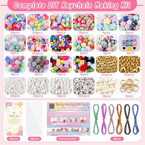 Wurosi Acrylic 865PCS Beaded Keychain Making Kit,DIY Bag Charm Kit - color: 865 Pcs Colorful Bead Kit