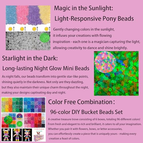 Acrylic Pony Beads Jewelry Making Kit – 96 Colors, UV Color Changing & Glow Alphabet Beads, Heart Bow Crystal String, Tools, Gift Box for DIY Bracelets, Necklaces (8mm Pony Beads Six Box) - color: 8mm pony Beads Six Box