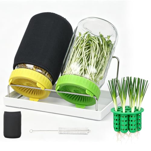 Seed Sprouting Kit & Green Onion Regrower, 2×32 Oz Wide-Mouth Mason Jars, Sprouter Lids, Stainless Steel Stand, Sprout Tray & Light Shield, Ideal for Sprouts, Broccoli, Alfalfa & Microgreens - color: Yellow + Green + Green Onion Regrower